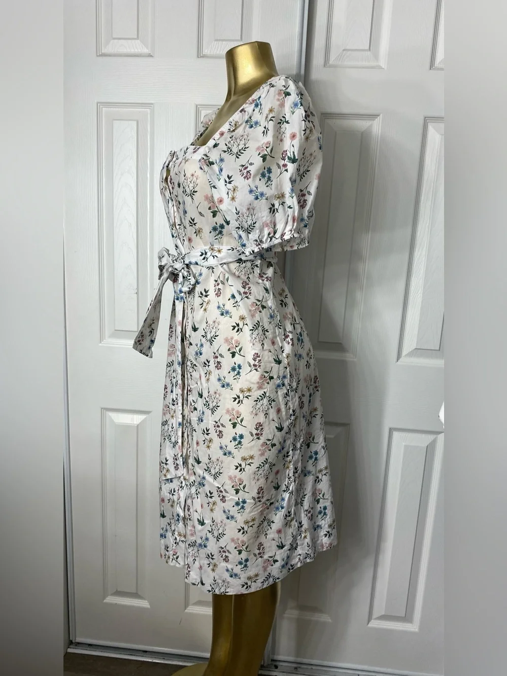 J. Crew Cream Floral Puff-Sleeve Belted Midi Dress